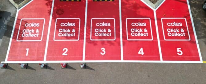Red Coles Click and Collect bay markings at Coles Ellenbrook